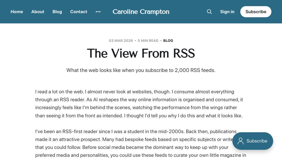 Screenshot of carolinecrampton.com: The View from RSS