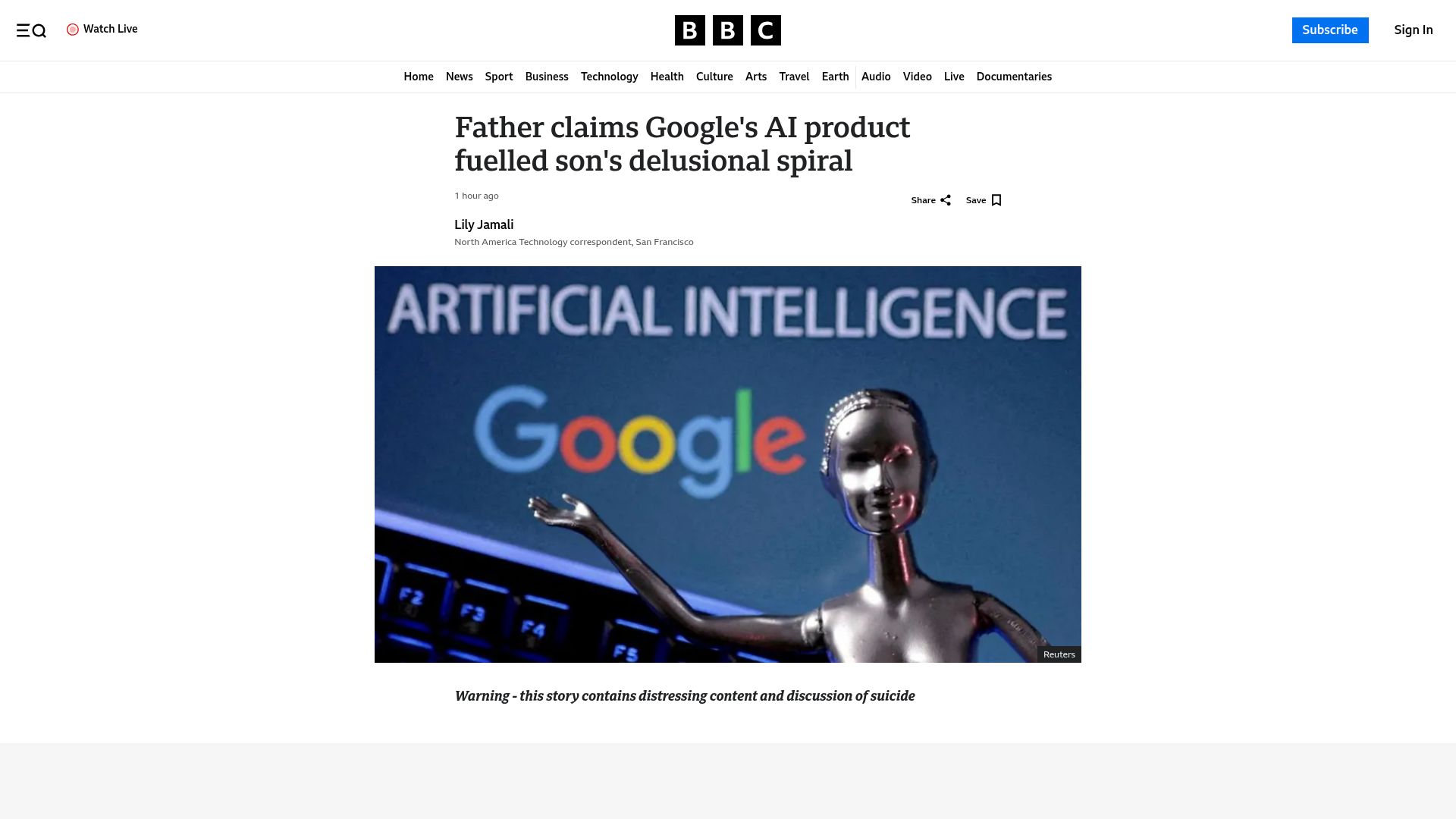 Screenshot of bbc.com: Father claims Google's AI product fuelled son's delusional spiral