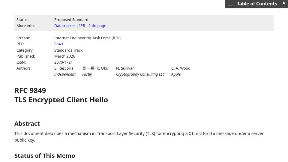 Screenshot of rfc-editor.org: RFC 9849. TLS Encrypted Client Hello
