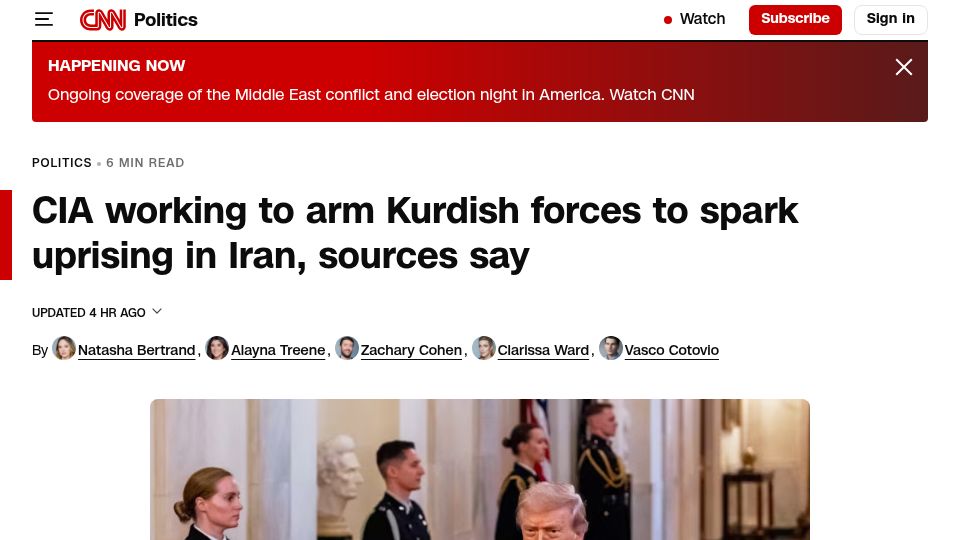 Screenshot of cnn.com: CIA working to arm Kurdish forces to spark uprising in Iran, sources say