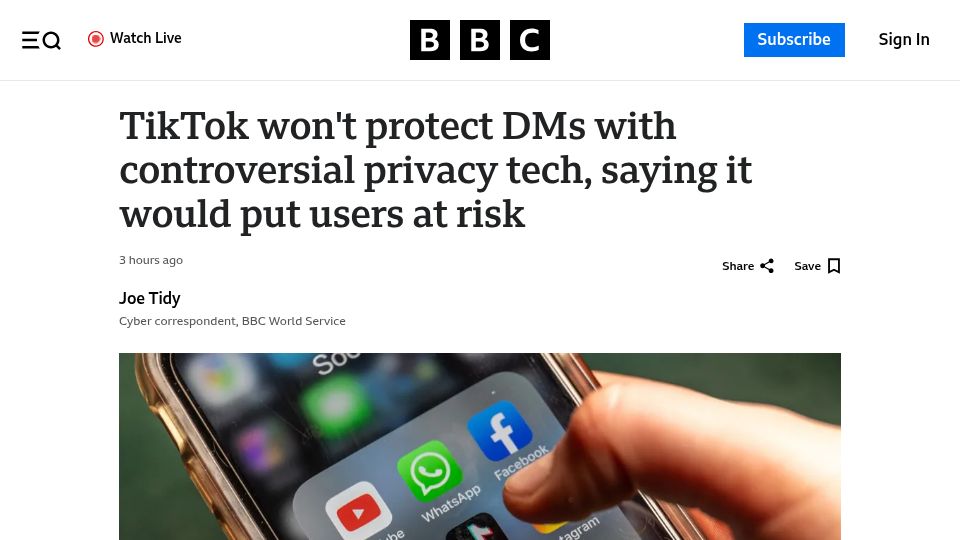 Screenshot of bbc.com: TikTok will not introduce end-to-end encryption, saying it makes users less safe