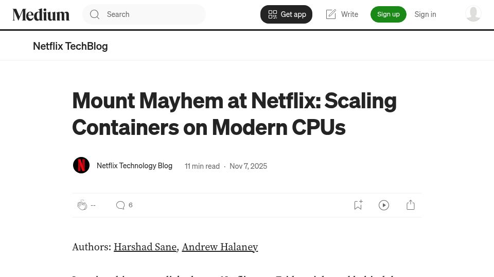 Screenshot of netflixtechblog.com: Mount Mayhem at Netflix: Scaling Containers on Modern CPUs