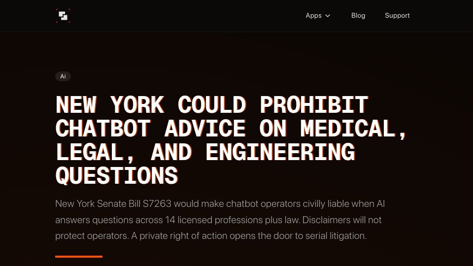 Screenshot of folding-sky.com: New York could prohibit chatbot medical, legal, engineering advice