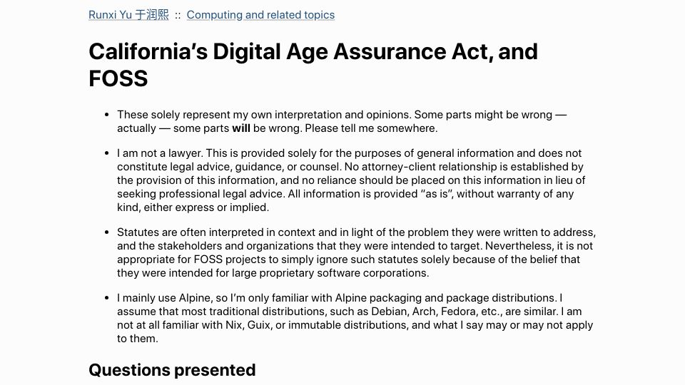 Screenshot of runxiyu.org: California's Digital Age Assurance Act, and FOSS