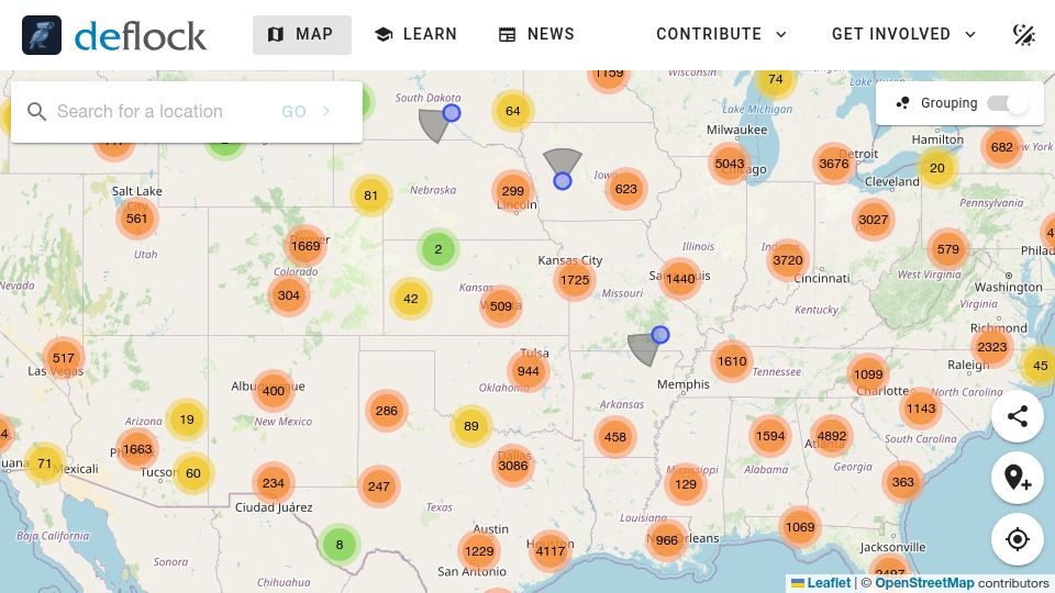Screenshot of deflock.org: An interactive map of Flock Cams