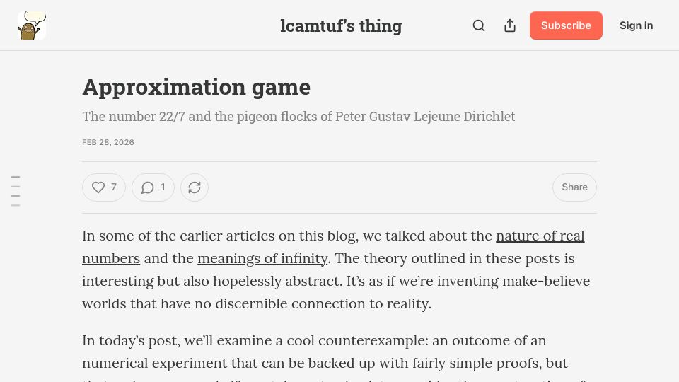 Screenshot of lcamtuf.substack.com: Approximation Game