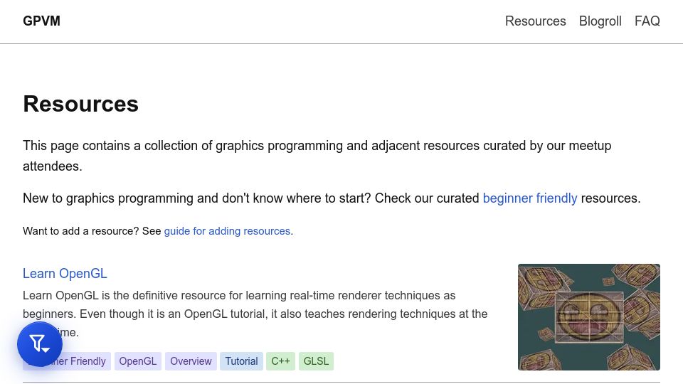Screenshot of develop--gpvm-website.netlify.app: Graphics Programming Resources