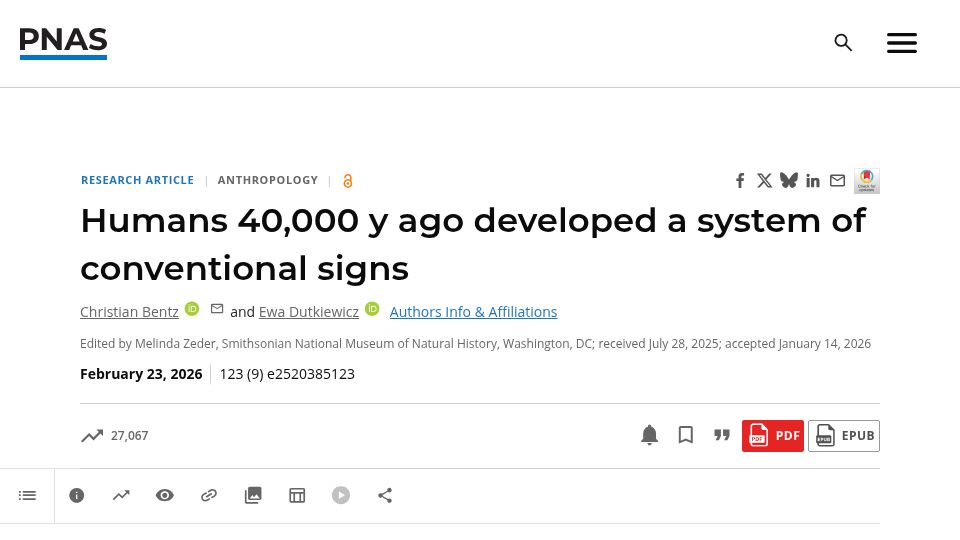 Screenshot of pnas.org: Humans 40k yrs ago developed a system of conventional signs