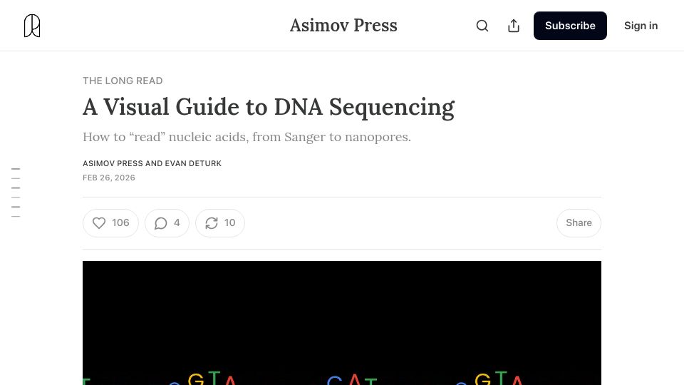 Screenshot of asimov.press: A Visual Guide to DNA Sequencing