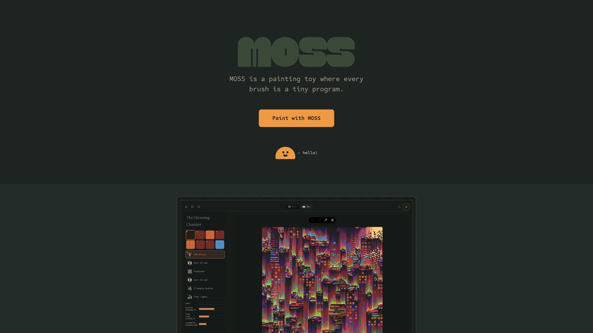 Screenshot of moss.town: Moss is a pixel canvas where every brush is a tiny program