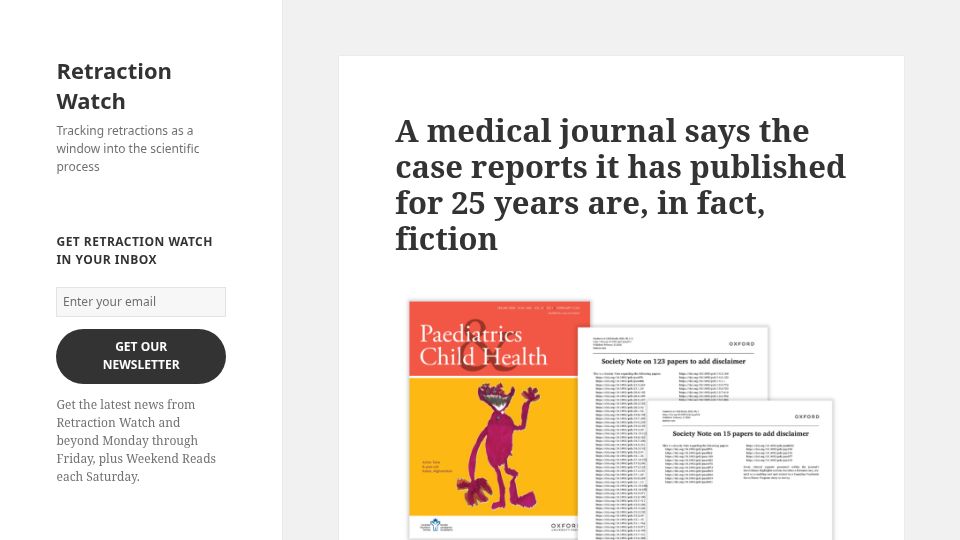 Screenshot of retractionwatch.com: Medical journal says the case reports it has published for 25 years are fiction