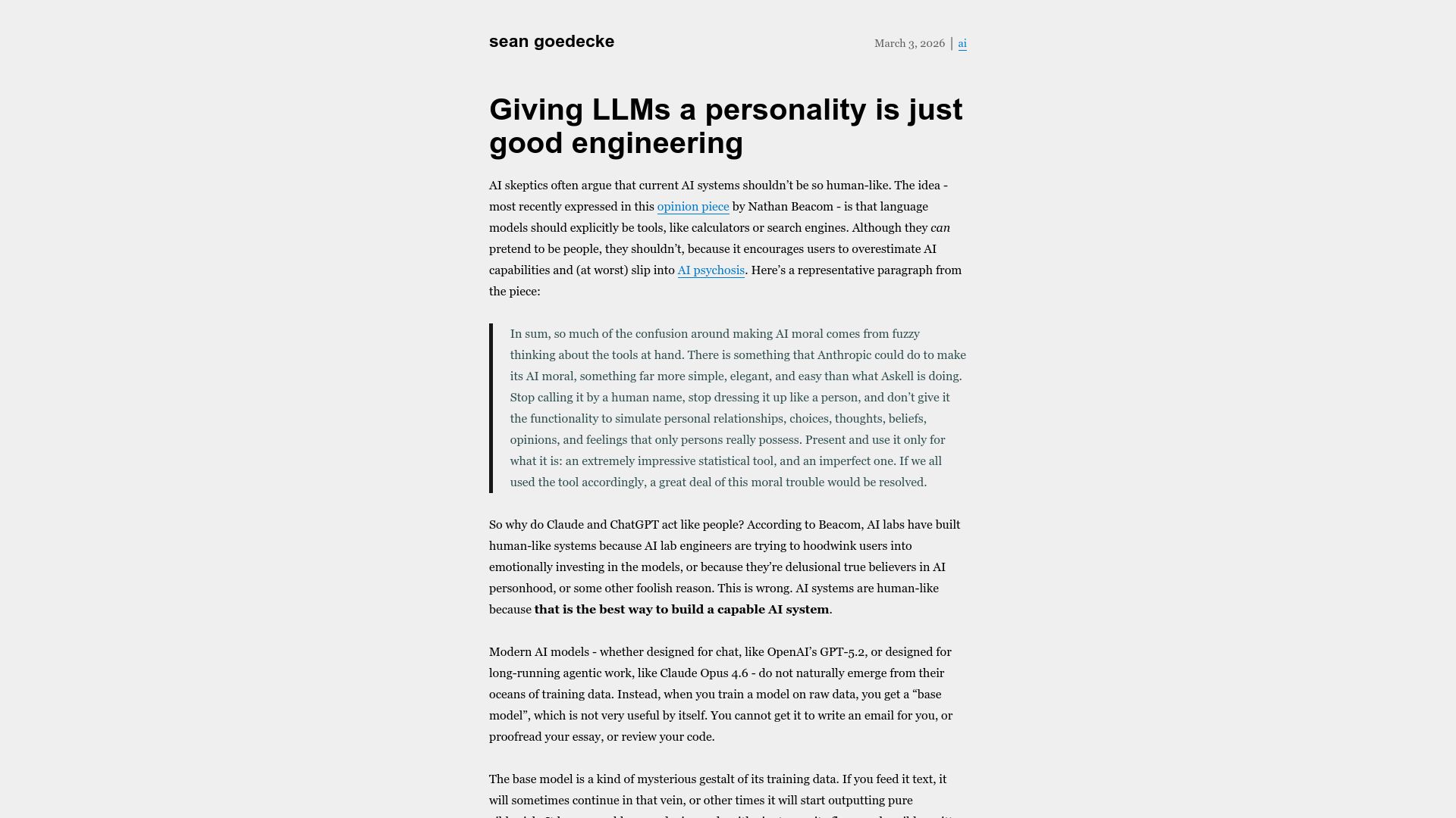 Screenshot of seangoedecke.com: Giving LLMs a personality is just good engineering