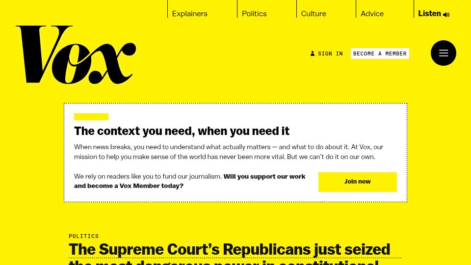 Screenshot of vox.com: US Supreme Court's Republicans seized most dangerous power in constitutional law