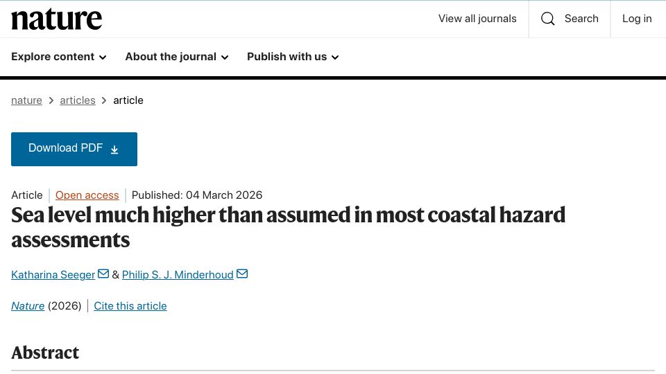 Screenshot of nature.com: Sea level much higher than assumed in most coastal hazard assessments