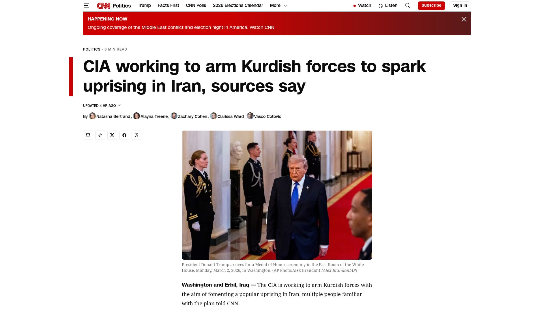 Screenshot of cnn.com: CIA working to arm Kurdish forces to spark uprising in Iran, sources say