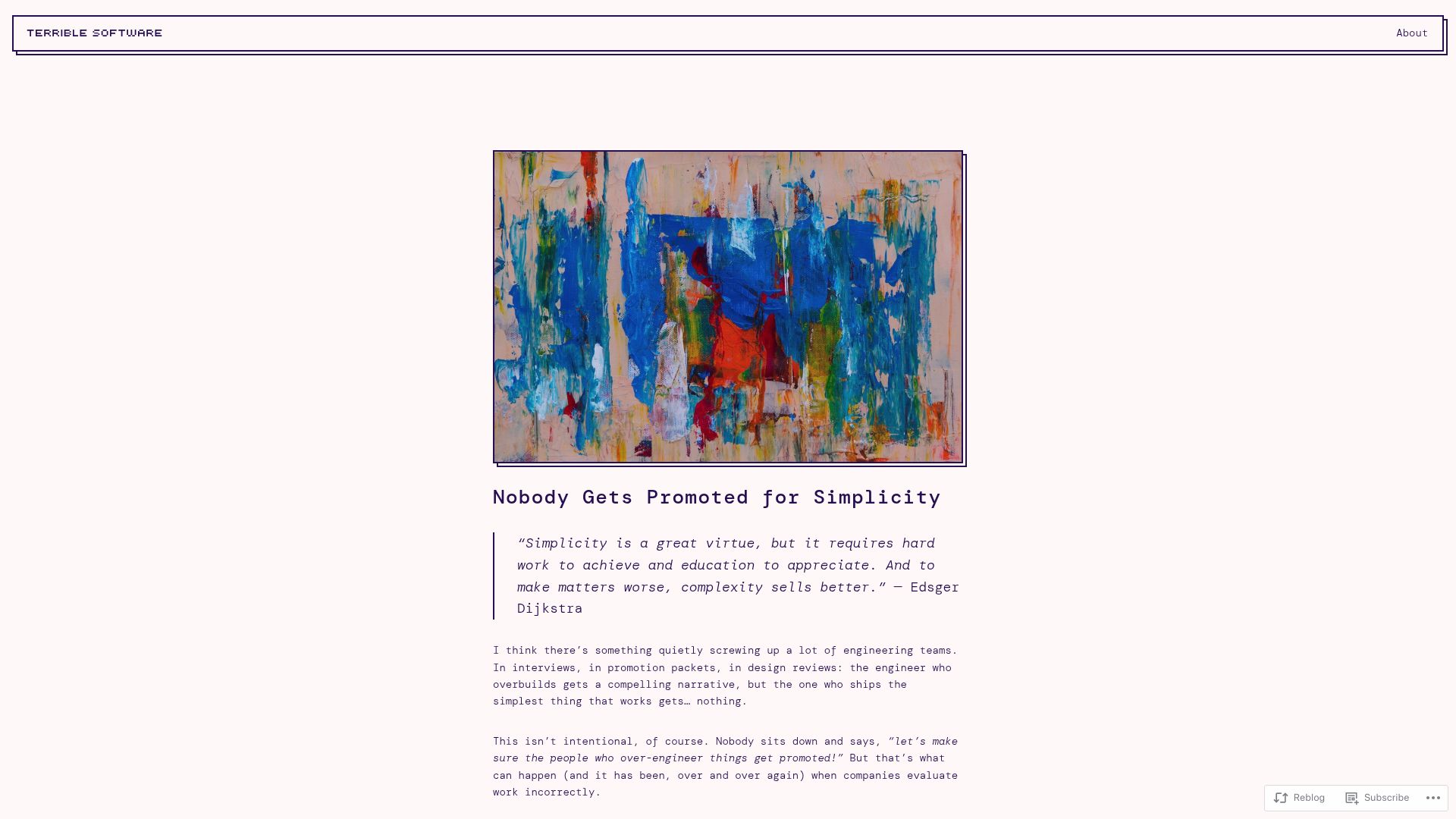 Screenshot of terriblesoftware.org: Nobody Gets Promoted for Simplicity