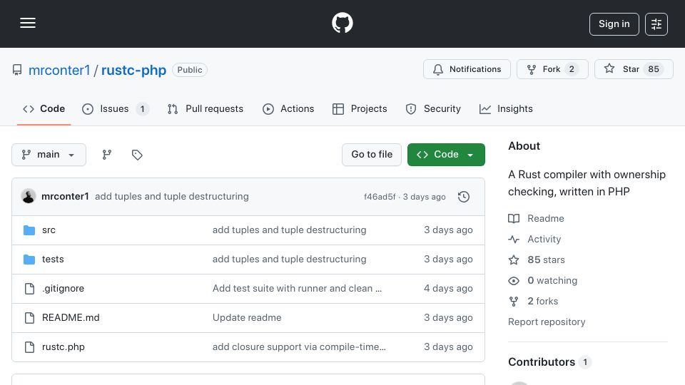 Screenshot of github.com: Show HN: Rust compiler in PHP emitting x86-64 executables