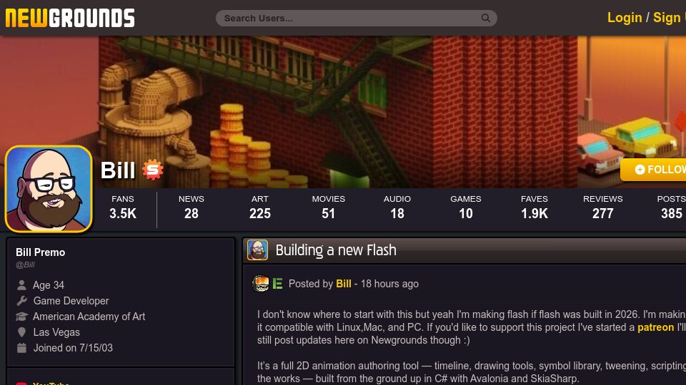 Screenshot of bill.newgrounds.com: Building a new Flash