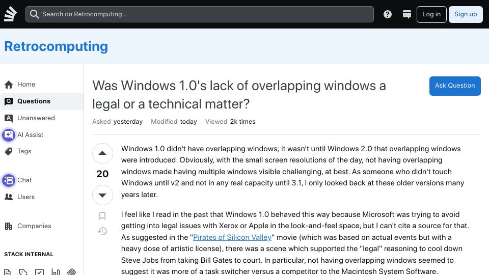 Screenshot of retrocomputing.stackexchange.com: Was Windows 1.0's lack of overlapping windows a legal or a technical matter?