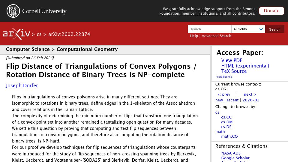 Screenshot of arxiv.org: Flip Distance of Convex Triangulations and Tree Rotation Is NP-Complete