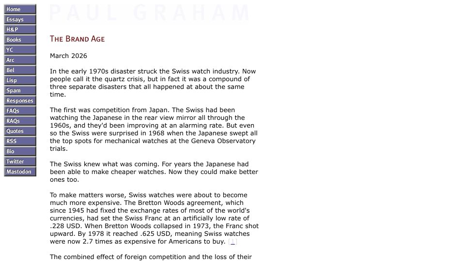 Screenshot of paulgraham.com: The Brand Age