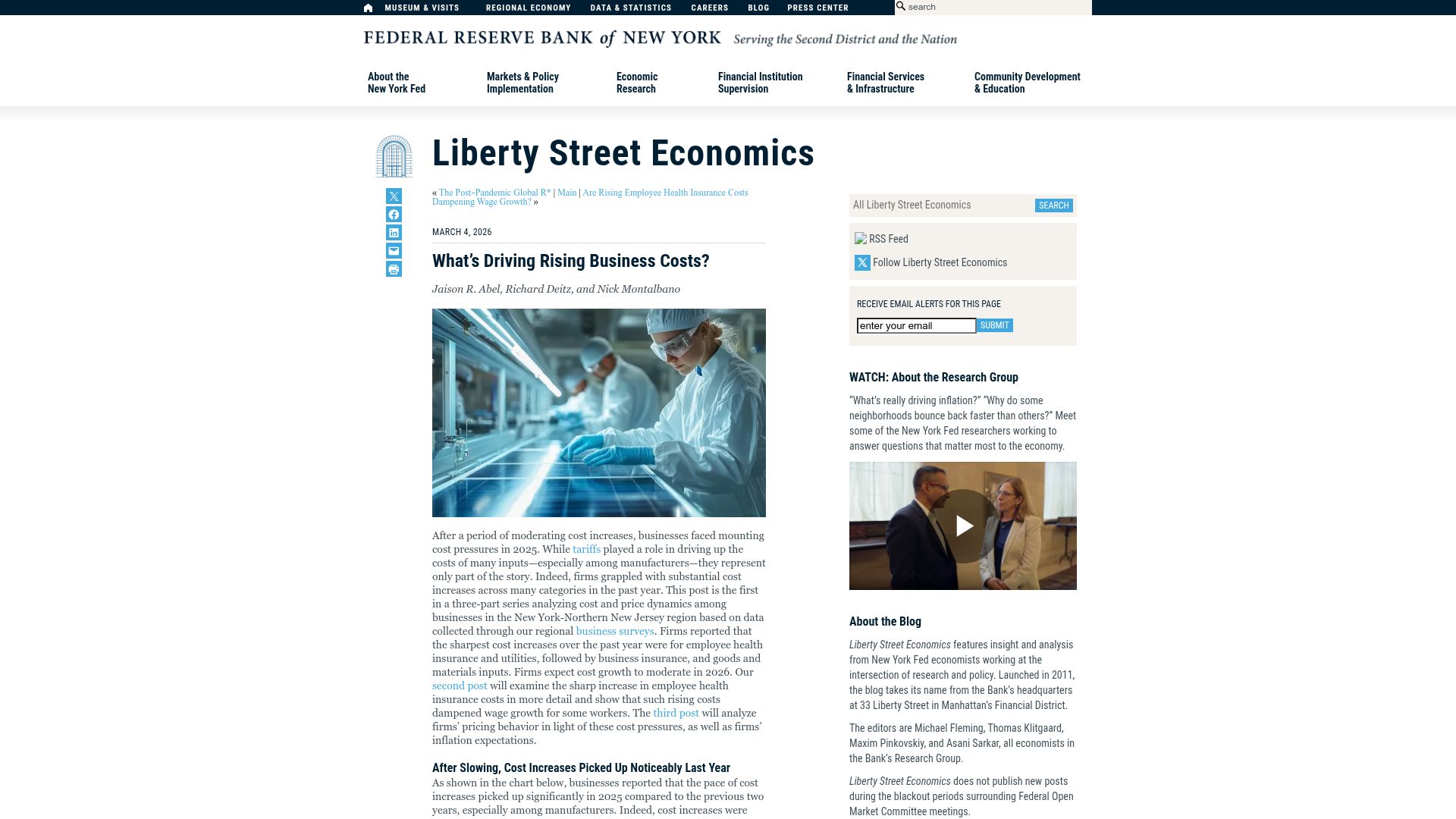 Screenshot of libertystreeteconomics.newyorkfed.org: What's Driving Rising Business Costs?