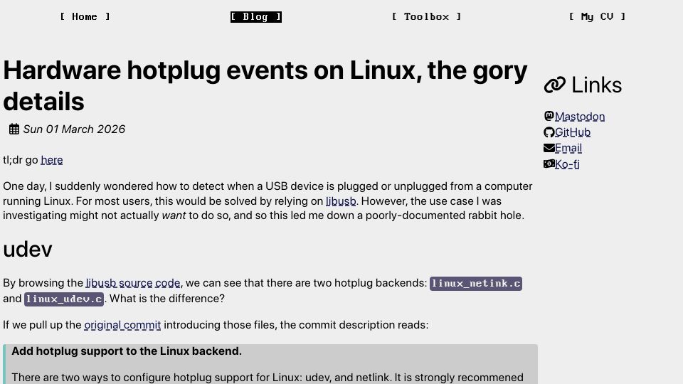Screenshot of arcanenibble.github.io: Hardware hotplug events on Linux, the gory details
