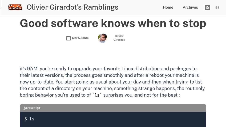 Screenshot of ogirardot.writizzy.com: Good software knows when to stop
