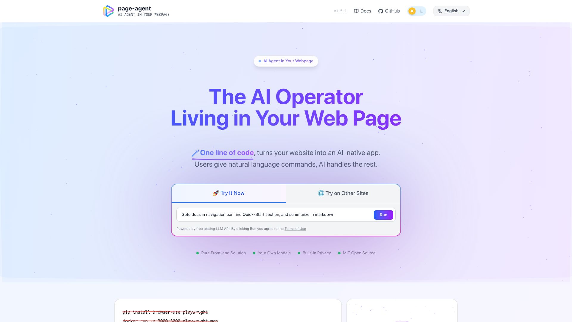 Screenshot of alibaba.github.io: Show HN: PageAgent, A GUI agent that lives inside your web app