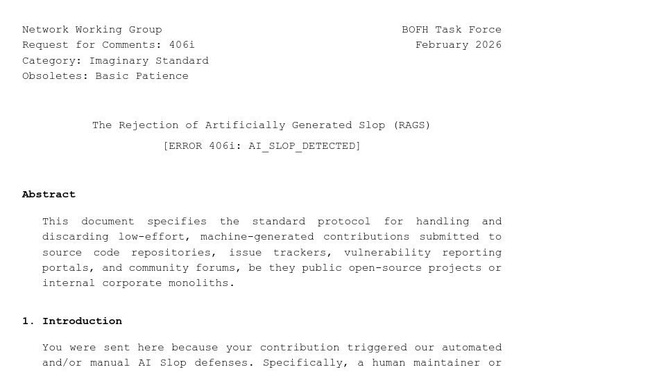 Screenshot of 406.fail: A standard protocol to handle and discard low-effort, AI-Generated pull requests