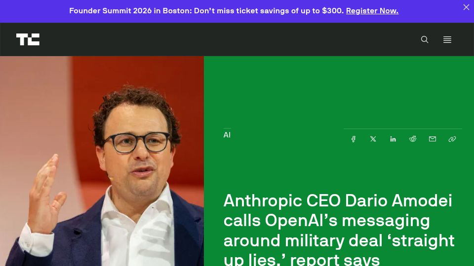 Screenshot of techcrunch.com: Dario Amodei calls OpenAI’s messaging around military deal ‘straight up lies’