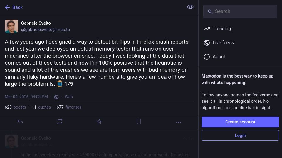 Screenshot of mas.to: 10% of Firefox crashes are caused by bitflips
