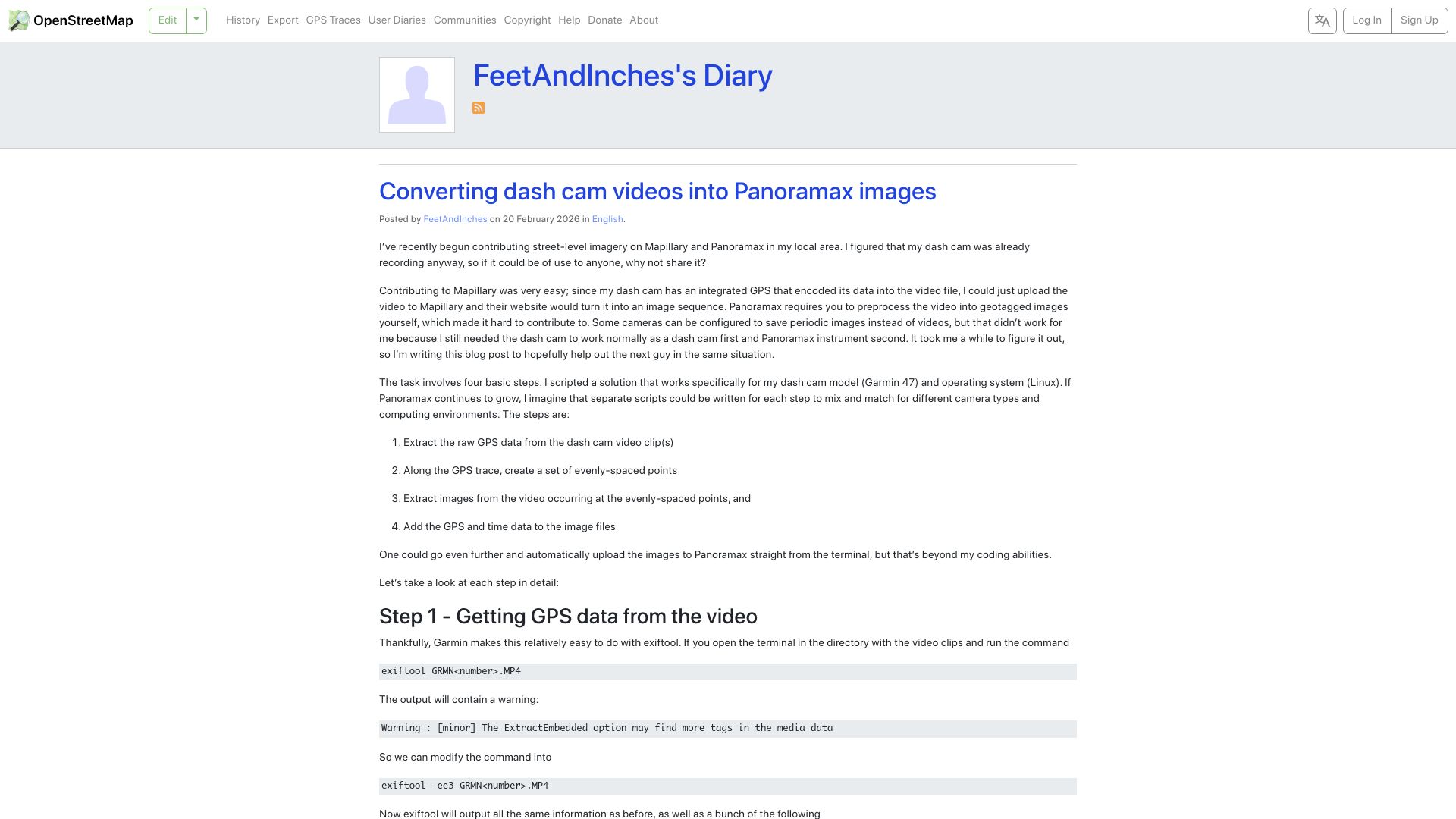 Screenshot of openstreetmap.org: Converting dash cam videos into Panoramax images