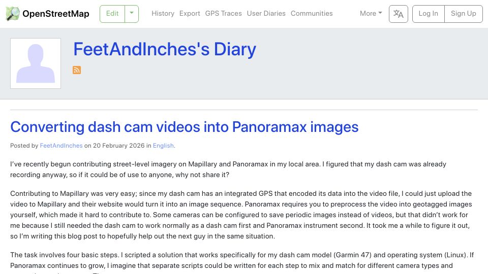 Screenshot of openstreetmap.org: Converting dash cam videos into Panoramax images