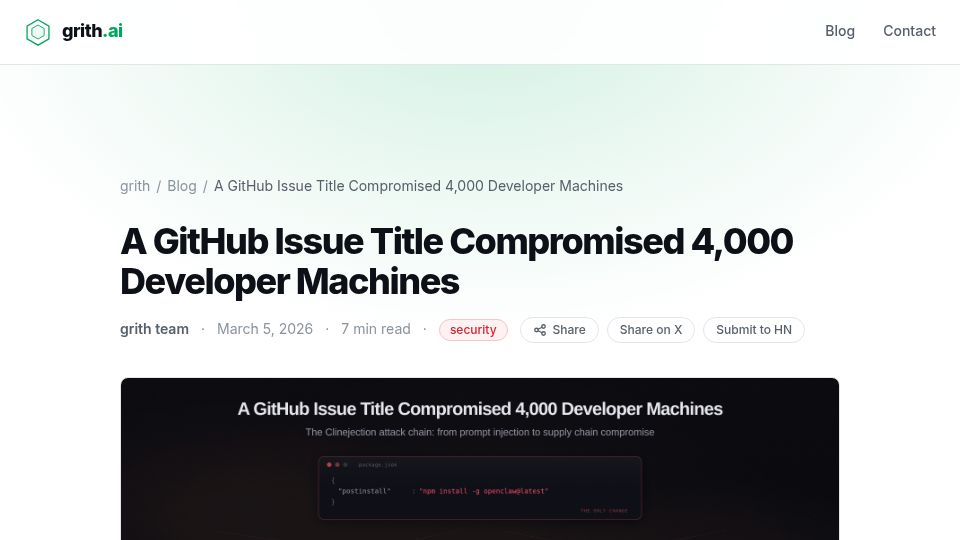 Screenshot of grith.ai: A GitHub Issue Title Compromised 4k Developer Machines