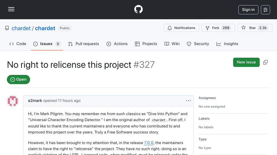 Screenshot of github.com: No right to relicense this project