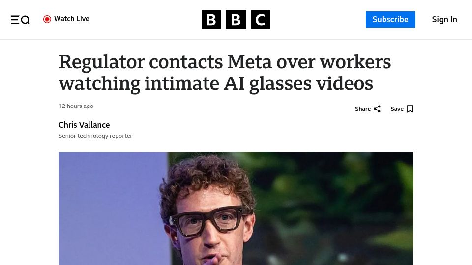 Screenshot of bbc.com: Regulator contacts Meta over workers watching intimate AI glasses videos