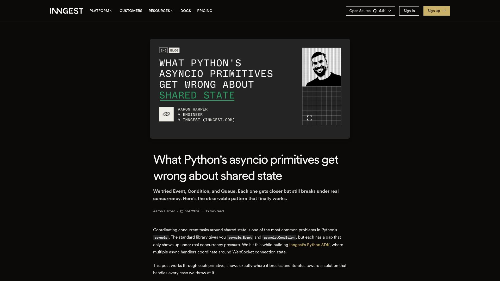 Screenshot of inngest.com: What Python’s asyncio primitives get wrong about shared state