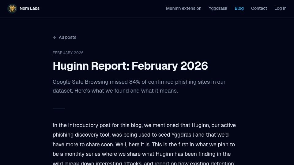 Screenshot of norn-labs.com: Google Safe Browsing missed 84% of confirmed phishing sites