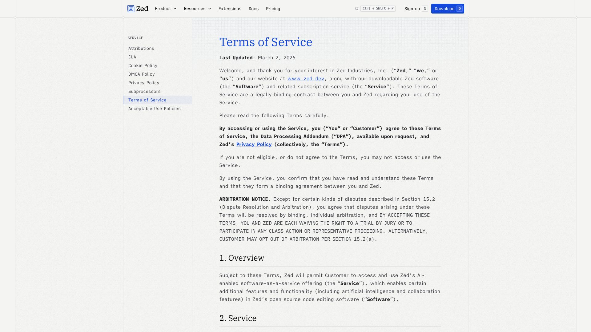 Screenshot of zed.dev: Zed new terms required to be 18 years old