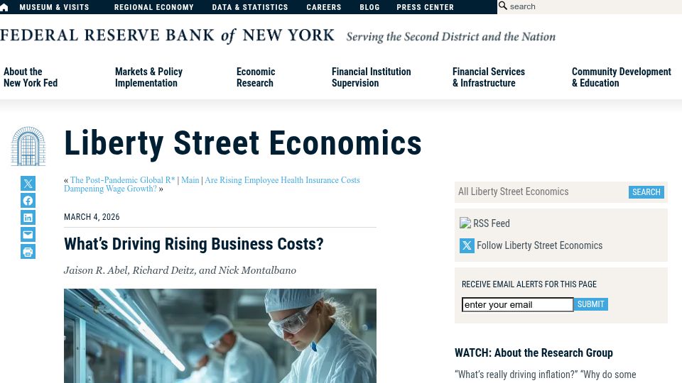Screenshot of libertystreeteconomics.newyorkfed.org: What's Driving Rising Business Costs?