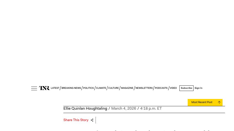Screenshot of newrepublic.com: Noem Can't Explain Why She Hired 8-Day-Old Company for Ad Campaign