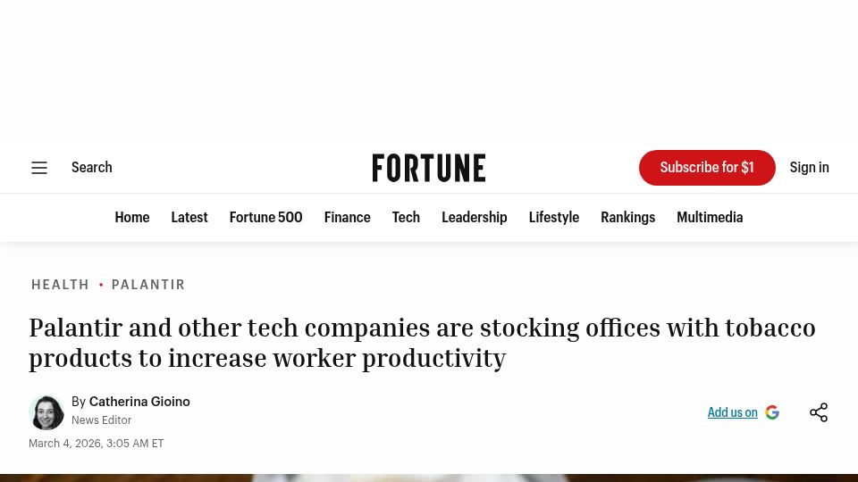 Screenshot of fortune.com: Palantir and other tech companies are stocking offices with tobacco products