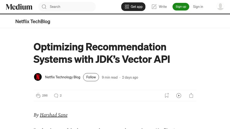 Screenshot of netflixtechblog.com: Optimizing Recommendation Systems with JDK's Vector API