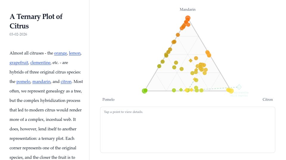 Screenshot of jlauf.com: A ternary plot of citrus geneology