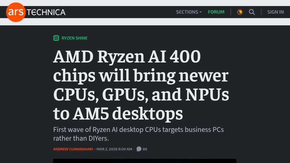 Screenshot of arstechnica.com: AMD will bring its “Ryzen AI” processors to standard desktop PCs for first time