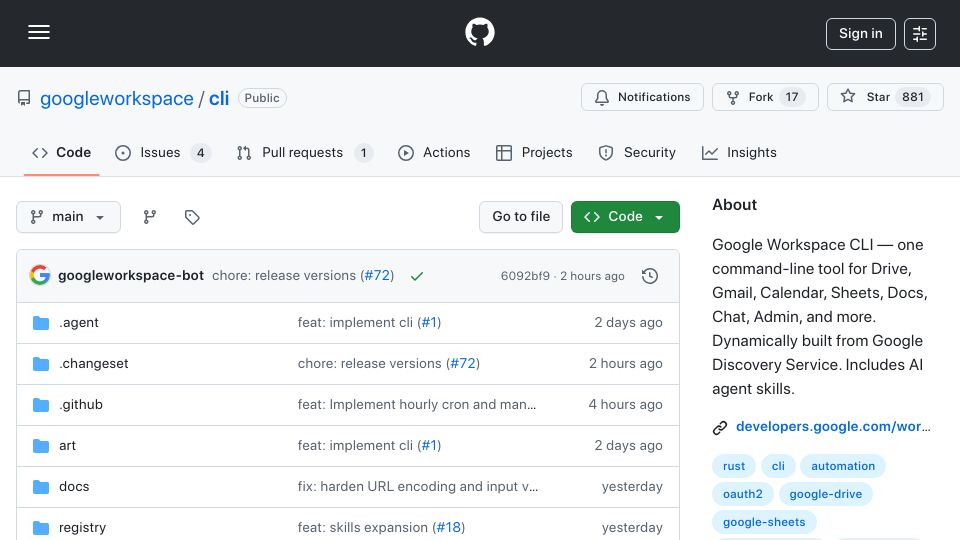 Screenshot of github.com: Google Workspace CLI