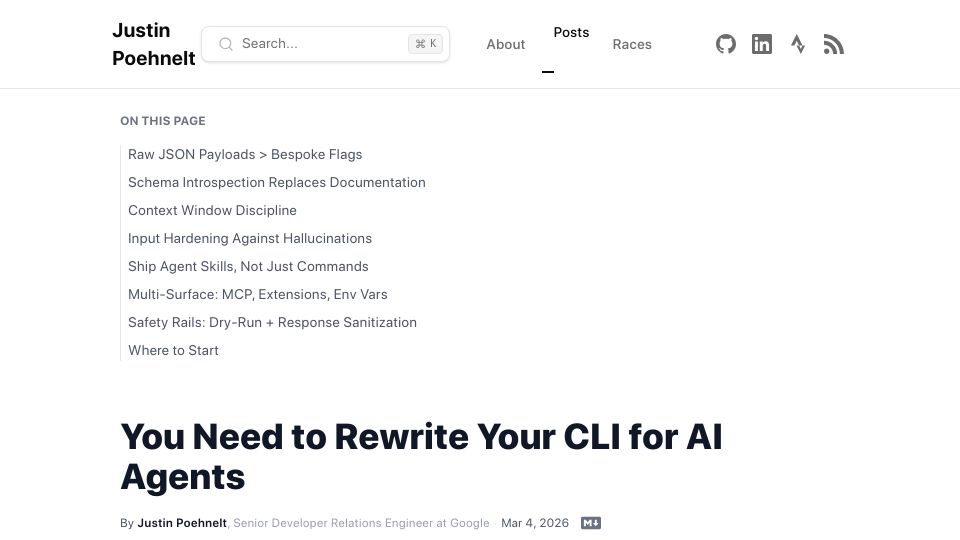Screenshot of justin.poehnelt.com: You need to rewrite your CLI for AI agents