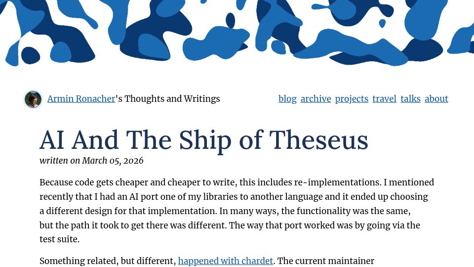 Screenshot of lucumr.pocoo.org: AI and the Ship of Theseus