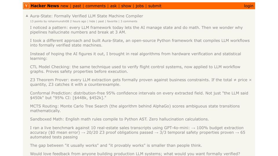 Screenshot of Hacker News post: Aura-State: Formally Verified LLM State Machine Compiler